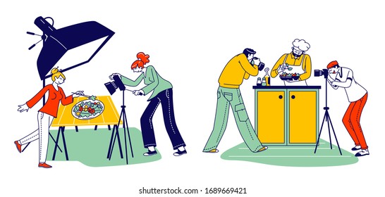 Food Photographers Characters Shooting Dishes in Professional Studio with Lighting Equipment. Chef in White Toque and Apron Prepare Meal, Cameraman Crew Make Picture. Linear People Vector Illustration