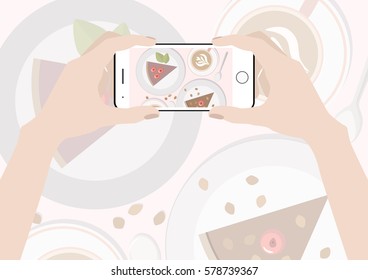 Food photography of coffee and cakes. Home made food photo for social networks. Top view mobile phone photo