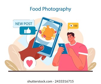 Food Photography concept. Gastronomic visuals captivating social media. A snapshot into delicious dishes through a digital lens. Culinary art with likes and shares. Flat vector illustration.