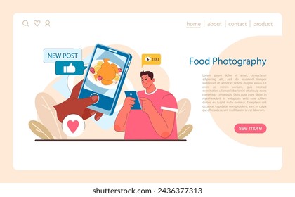 Food Photography concept. Gastronomic visuals captivating social media. A snapshot into delicious dishes through a digital lens. Culinary art with likes and shares. Flat vector illustration.