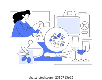 Food photography isolated cartoon vector illustrations. Girl with camera takes professional food photos at home, food diversity on the table, modern creative hobby, art activity vector cartoon.