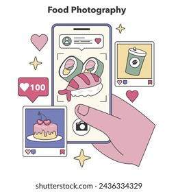 Food Photography theme. Visual feast of culinary delights captured digitally. Gastronomic journey, artful plating, flavor storytelling. Flat vector illustration.