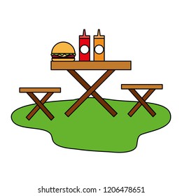 food picnic burger sauce and table