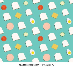 Food picnic pattern with cheese, tomato, bread, eggs