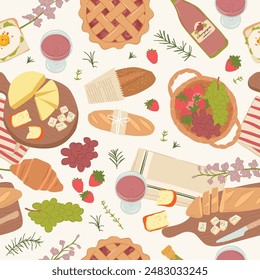 Food picnic seamless pattern vector illustration, charcuterie, fruits, wine, pie and bread