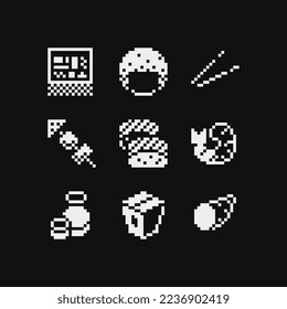 Juego de íconos de 1 bit de arte de píxeles de comida, emoticono blanco y negro, barbacoa, rollos y sushi, camarón. Diseño para logotipo, sticker y aplicación móvil. Ilustración vectorial aislada.