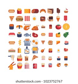 Food pixel art 80s style icons element design stickers, logo, mobile app, menu. Game assets 8-bit sprite sheet. Fast food, seafood, pastries, ice cream, meat, fruit iIsolated vector illustration. 