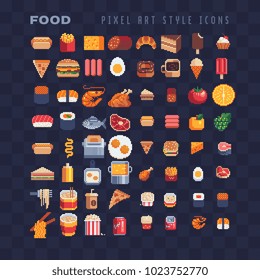 Food pixel art 80s style icons element design stickers, logo, mobile app, menu. Game assets 8-bit sprite sheet. Fast food, seafood, pastries, ice cream, meat, fruit iIsolated vector illustration. 