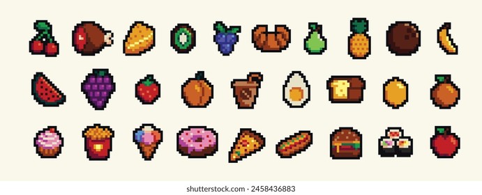 Food pixel art 80s style icons element design stickers, logo, mobile app, menu. Game assets 8-bit sprite sheet. Fast food, seafood, pastries, ice cream, meat, fruit vector illustration.