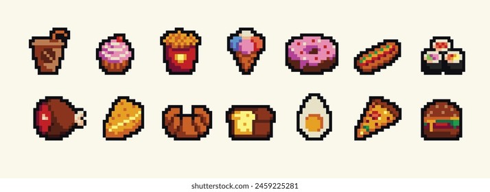 Food pixel art 80s style icons element design stickers, logo, mobile app, menu. Game assets 8-bit sprite sheet. Fast food, seafood, pastries, ice cream, meat, fruit vector illustration.