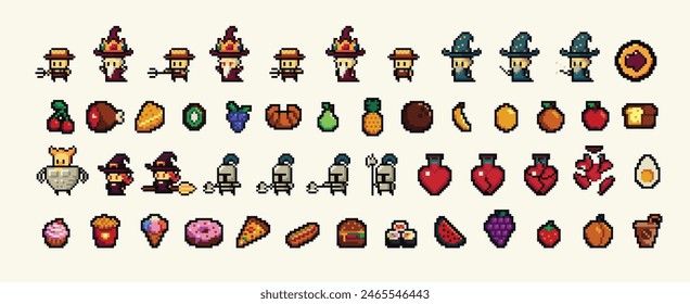 Food pixel art 80s style icons element design stickers, logo, mobile app, menu. Game assets 8-bit sprite sheet. Fast food, seafood, pastries, ice cream, meat, fruit vector illustration.