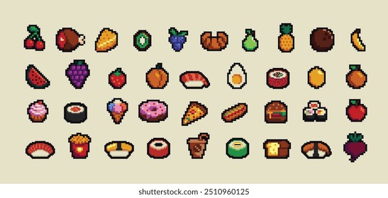 Food pixel art 80s style icons element design stickers, logo, mobile app, menu. Game assets 8-bit sprite sheet. Fast food, seafood, pastries, ice cream, meat, fruit vector illustration.