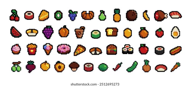 Comida pixel art 80s estilo ícones elementos design adesivos, logotipo, aplicativo móvel, menu. Sprite sheet de 8 bits para recursos do jogo. Fast food, frutos do mar, doces, sorvete, carne, ilustração de vetor de frutas.