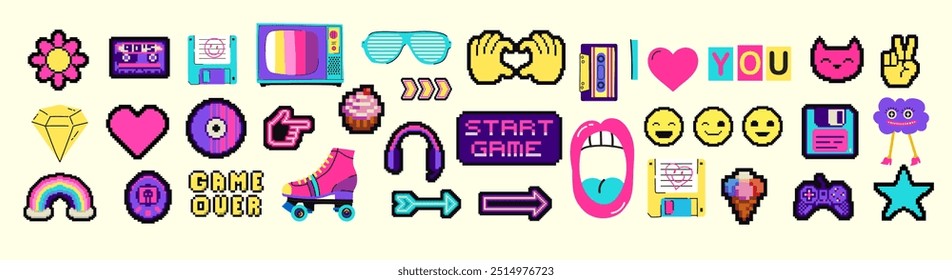 Food pixel art 90s style icons element design stickers, logo, mobile app, menu. Game assets 8-bit sprite sheet. Fast food, seafood, pastries, ice cream, meat, fruit vector illustration.