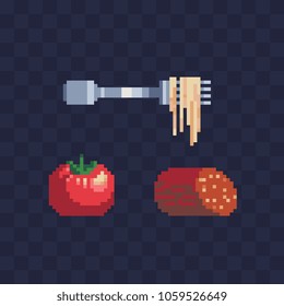 Food pixel art icons, fork of noodles spaghetti and pasta, tomato, sausage isolated vector flat illustration. Design for stickers, logo grocery store, mobile app. Video game assets 80s 8-bit sprite. 