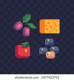 Food pixel art icons set dutch cheese, olive branch, olives and tomato isolated vector illustration. 8-bit. Design for logo, sticker, mobile app.