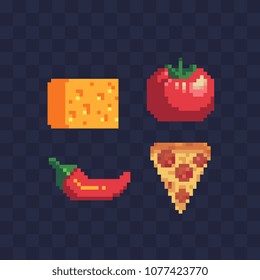 Food pixel art icons set slice of pizza pepperoni, Dutch cheese, chili pepper and tomato. Isolated vector illustration. 8-bit. Design for pizzeria logo, sticker, mobile app.