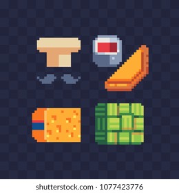 Food pixel art icons set chef hat and mustache, empanada, cheburek, fried meat pastries and cup tea, Dutch cheese, ketupat or rice dumpling asian traditional food. Isolated vector illustration. 8-bit.