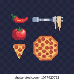 Food pixel art icons set slice of pizza pepperoni, spaghetti pasta on fork, chili pepper and tomato. Isolated vector illustration. 8-bit. Design for pizzeria logo, sticker, mobile app.