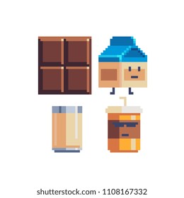 Food pixel art icons set. Chocolate bar, coffee glass and milk box cute cartoon character isolated vector illustration. 8-bit sprite. Design stickers, logo, mobile app.