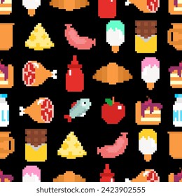 Food pixel art pattern seamless. pixelated food background. 8 bit texture