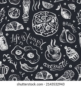 Food, pizza, cup of coffee, fruits and drinks seamless pattern in white crayons on blackboard