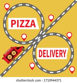 Food and pizza delivery truck rides on highway. Pizza Delivery. Road junction and red marks on yellow backdrop. Text on truck - Hot Pizza. For delivery service, web, site, advertising, banner, poster.