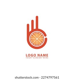 Food pizza and ok hand vector logo icon. Abstract vector graphics simple elegant flat illustration.