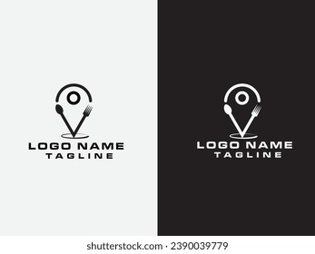 Diseño del logo de la casa de comidas. Punto de alimentación. Icono de ubicación. Saludable. Cuchara. Buena cocinera. Comer. Chef. Plantilla en blanco y negro. Moderno