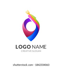 food place logo, pin, spoon, fork and knife, Combination logo with 3d colorful style