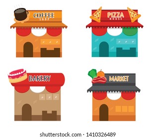 Food places vector, bakery, pizza shop, coffee shop and market