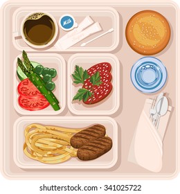 Food for plane passengers. Airplane lunch. Vector illustration