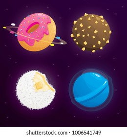 Food planet galaxy concept. Fantasy planets set on cosmic background. 