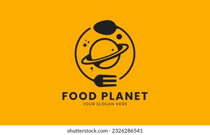 Food planet logo for restaurant, food court, cafeteria, and shop. Fork and spoon round a planet isolated with yellow background