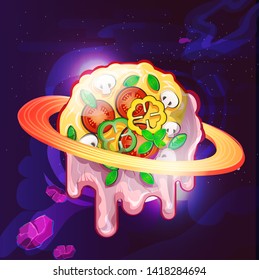 Food planet pizza concept. Fantasy сartoon tasty big pizza on cosmic background.