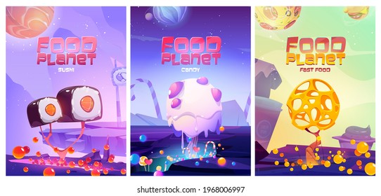 Food planet posters with fantasy landscape with sushi, fast food, candy and cheese trees. Vector cartoon flyer of restaurant, sweet store, menu cover or arcade game banner