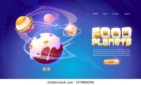 Food planets banner of space arcade game. Fantasy planets with fried egg, candy, hamburger and salmon texture. Vector landing page with cartoon illustration of fantastic food galaxy