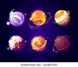 Food Planets In Outer Space. Vector Cartoon Funny Set Of Spheres With Donut, Pizza, Chocolate Candy, Burger And Fried Egg Texture. Comic Set Of Fantasy Tasty Galaxy World