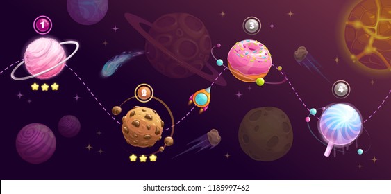 Food planets set. Rocket space trip concept. Shipping road, universe map for GUI design. Fantasy galaxy game concept. Vector cosmic illustration.