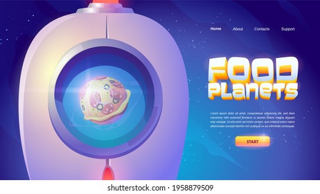 Food planets website with spaceship and sphere with pizza pattern. Vector landing page of online game with cartoon illustration of outer space with rocket and funny alien planet reflected in porthole