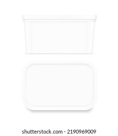 Burla de los recipientes de plástico para comida. Vista frontal y superior. Ilustración vectorial aislada en fondo blanco. EPS10.
