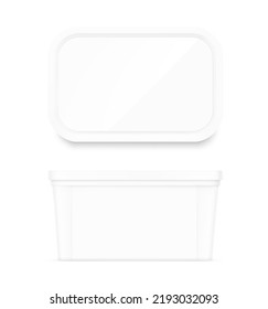 Food plastic container mockup with gloss label. Front and upper view. Vector illustration isolated on white background. Perfect for presentation your product. EPS10.