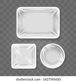 Food plastic container templates. White meal box set, cooking packaging storages, vector white packaged tray illustrations