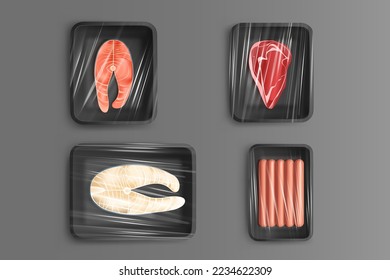 Comida en envases de plástico para la venta al por menor, pescado fresco, carne y salchichas, carne cruda de ternera, salmón o filete de fletán. Elementos de diseño de productos aislados vista superior, conjunto de ilustraciones vectoriales 3d realistas