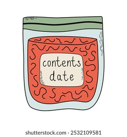 Food in plastic wrap. Transparent storage bag with zip lock. Home canning process. Take away lunch. Hand drawn doodle style vector illustration.