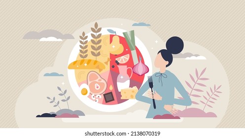Food plate with balanced meal ingredients proportion tiny person concept. Dining menu with healthy percentage of greens, vegetables, dairy, grains and meat vector illustration. Mixed lunch portion.