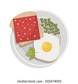 food plate with egg green peas bread ham