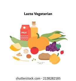 Food plate example concept. Vector flat illustration. Lacto vegetarian diet symbol isolated on white background. Veggies, fruit, dairy, milk and cereal color sign set.