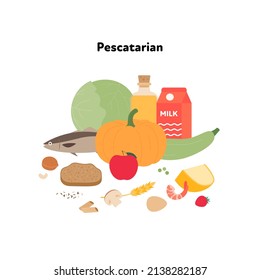 Food plate example concept. Vector flat illustration. Pescatarian vegetarian diet symbol isolated on white background. Veggies, fruit, eggs, dairy, milk, cereal and fish color sign set.