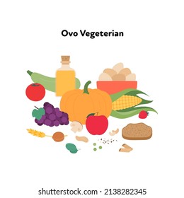 Food plate example concept. Vector flat illustration. Ovo vegetarian diet symbol isolated on white background. Veggies, fruit, eggs, bread and cereal color sign set.